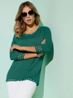 3/4 Arm-Pullover Mit Dezentem Glanz Grün