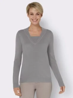 2-in-1-Pullover Mit V-Ausschnitt, Weich Steingrau